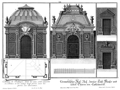 Aufriss zweier Pavillons aus Lattenwerk und zweier Tore des Laubenganges, Grundriss zweier Dachlösungen von Salomon Kleiner