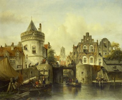 Imaginäre Ansicht basierend auf der Kolksluis, Amsterdam von Salomon Leonardus Verveer