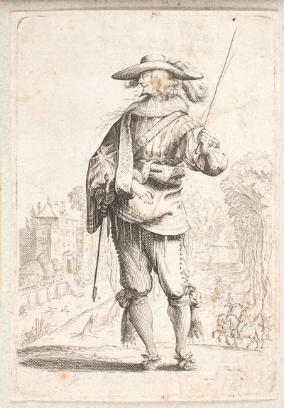 Stehender Soldat von vorne gesehen, aber mit Kopf im linken Profil. Hält einen Stab in der linken Hand von Salomon Savery