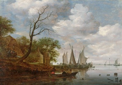 Flusslandschaft mit Segelbooten, die am Ufer entladen von Salomon van Ruisdael or Ruysdael