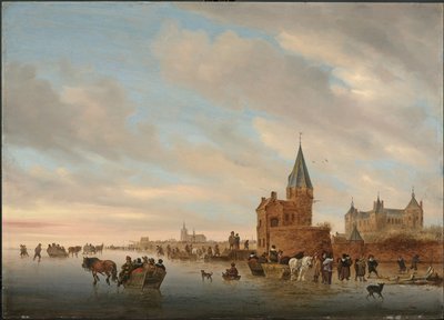 Winterlandschaft mit Eisvergnügen vor einem Capriccio der Stadt Arnheim, 1652 von Salomon van Ruisdael or Ruysdael