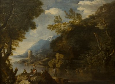 Landschaft mit Figuren und Booten von Salvator (follower of) Rosa