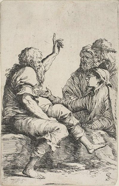 Ein bärtiger alter Mann sitzt auf einem Felsen und macht eine ermahnende Geste zu drei Männern gegenüber, aus der Figurine-Serie von Salvator Rosa