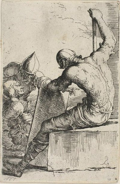 Ein Krieger, der auf einem Vordergrundblock sitzt, hält ein Schild und einen Stab und wendet sich zwei Kriegern hinter ihm zu, aus der Figurinenserie von Salvator Rosa