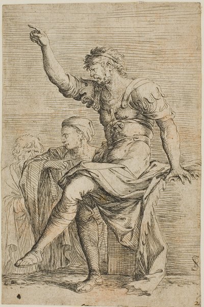 Ein Krieger sitzt auf einem Block und gestikuliert; zwei Figuren sind hinter ihm, aus der Figurinen-Serie von Salvator Rosa