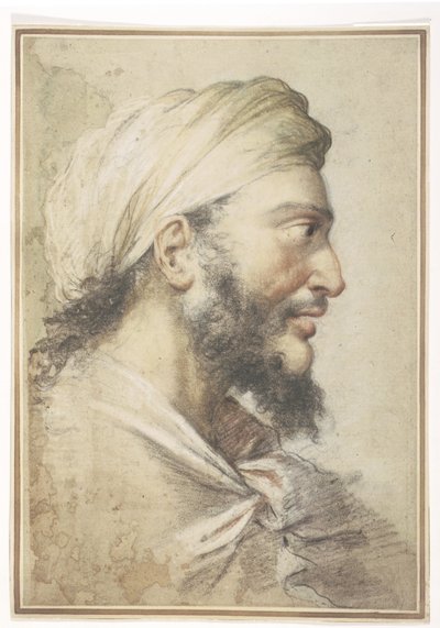 Kopf eines bärtigen Mannes im Profil nach rechts, einen Turban tragend von Salvator Rosa