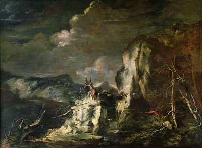 Felsige Landschaft mit einem Jäger und Kriegern von Salvator Rosa