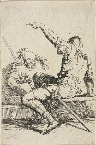 Zwei Krieger, die auf niedrigen Felsen sitzen von Salvator Rosa