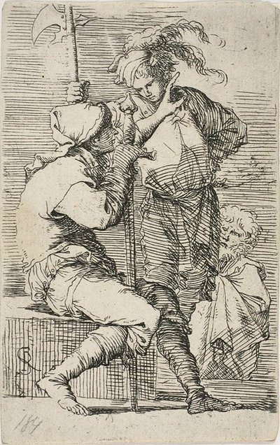 Zwei Krieger, einer mit Schwert, der andere mit Hellebarde; ein alter bärtiger Mann hinter ihnen, aus Figurine von Salvator Rosa
