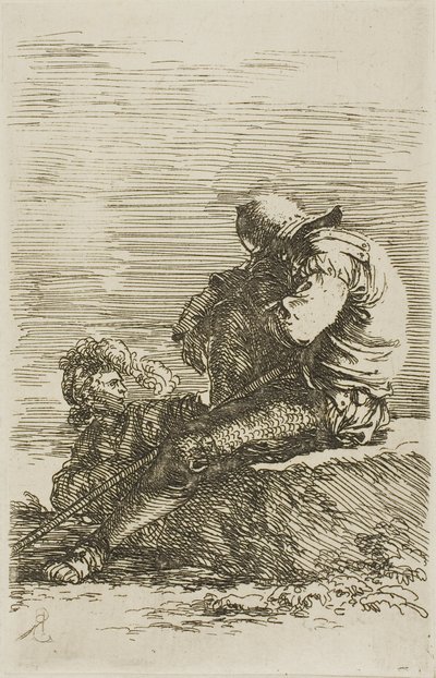 Zwei Krieger, einer sitzt schlafend auf einem Felsen im Vordergrund, aus der Figurinenserie von Salvator Rosa