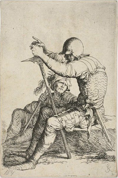 Zwei Krieger, einer sitzt auf einem niedrigen Felsen im Vordergrund und hält einen Kriegshammer; die andere Figur sitzt auf dem Boden hinter ihm, hält eine Keule über die rechte Schulter und schaut zur Figur im Vordergrund, aus der Figurinen-Serie von Salvator Rosa