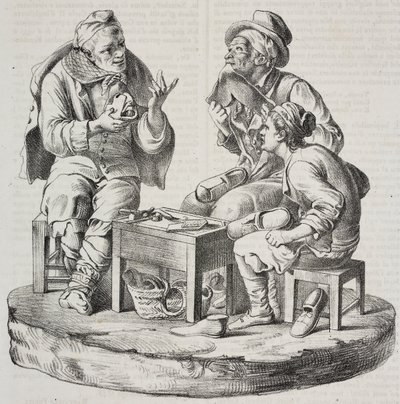Schuster im Streit, Statuetten von Giacomo Bongiovanni und Giuseppe Vaccaro, Lithographie von Salvatore Puglia aus Poliorama Pittoresco, Nr. 32, 18. März von Salvatore Puglia