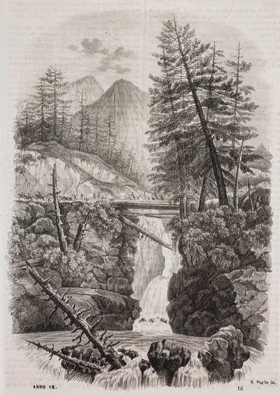 Hängebrücke über die Pyrenäen, Spanien, Lithographie von Salvatore Puglia aus Poliorama Pittoresco, Nr. 16, 23. November von Salvatore Puglia