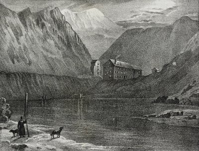 Ansicht des Großen Sankt Bernhard Hospizes vom See, Italien-Schweiz Grenze, Lithographie von Salvatore Puglia von Salvatore Puglia