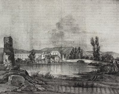 Ansicht der Santa Restituta Fabrik und Kirche am Ufer des Fibreno-Flusses in Cornello, Latium, Italien, Lithographie von Salvatore Puglia nach einer Zeichnung von Raffaele Carelli von Salvatore Puglia