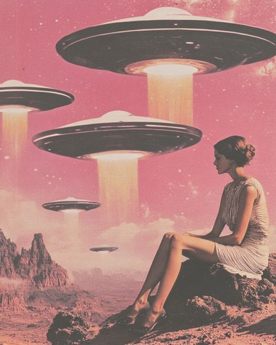 Frau betrachtet rosa UFOs von Samantha Hearn