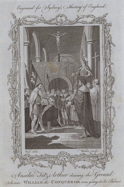 Anselm Fitz-Arthur beansprucht das Land, auf dem Wilhelm der Eroberer begraben werden sollte (Stich) von Samuel (after) Wale