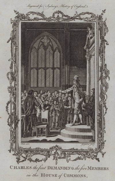 Karl I. fordert die fünf Mitglieder im Unterhaus (Stich) von Samuel (after) Wale