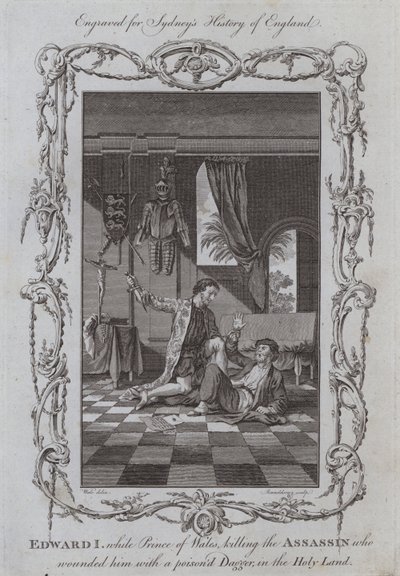 Edward I., als Prinz von Wales, tötet den Attentäter, der ihn mit einem vergifteten Dolch verwundete, im Heiligen Land (Stich) von Samuel (after) Wale