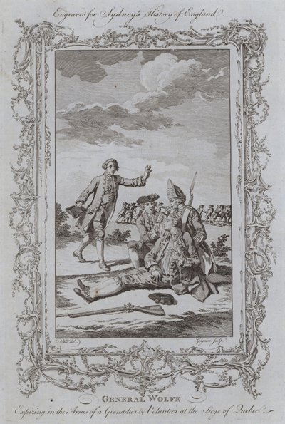 General Wolfe stirbt in den Armen eines Grenadiers und Freiwilligen bei der Belagerung von Quebec (Gravur) von Samuel (after) Wale