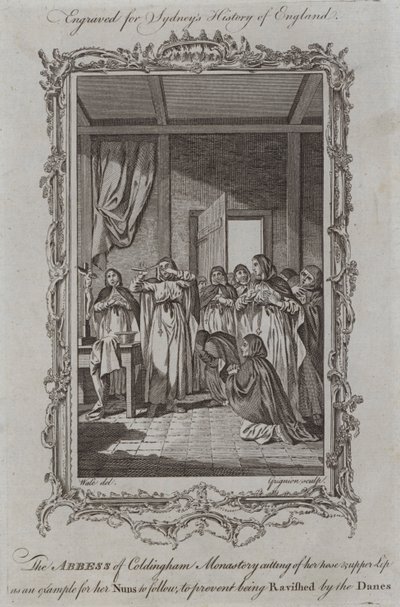Die Äbtissin des Klosters Coldingham schneidet sich Nase und Oberlippe ab, um ihren Nonnen ein Beispiel zu geben, um eine Vergewaltigung durch die Dänen zu verhindern (Gravur) von Samuel (after) Wale