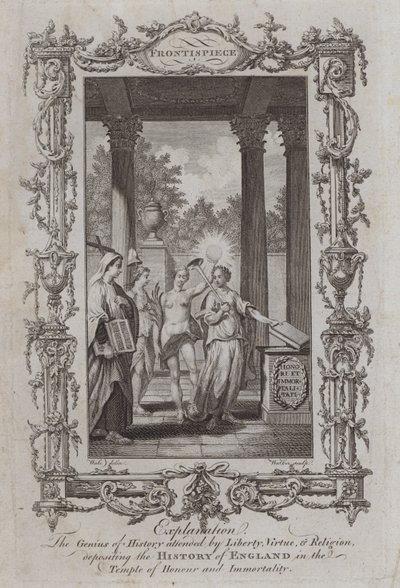 Der Genius der Geschichte begleitet von Freiheit, Tugend und Religion, die die Geschichte Englands im Tempel der Ehre und Unsterblichkeit ablegen (Gravur) von Samuel (after) Wale