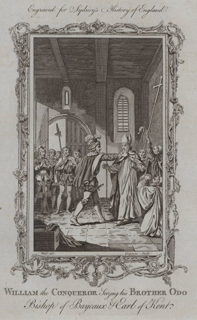 Wilhelm der Eroberer ergreift seinen Bruder Odo, Bischof von Bayeux und Graf von Kent (Gravur) von Samuel (after) Wale