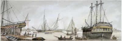 Ein Indiaman-Schiff zur Reparatur auf der Themse, mit einer Beschreibung der gewöhnlichen Aktivitäten der königlichen Werften in Deptford von Samuel Atkins