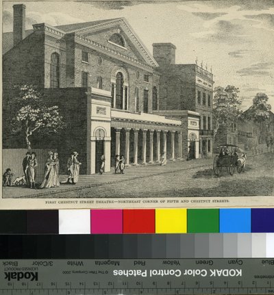 Erstes Chestnut Street Theatre, Nordostecke der Fifth und Chestnut Streets, ca. 1820 von Samuel Castner