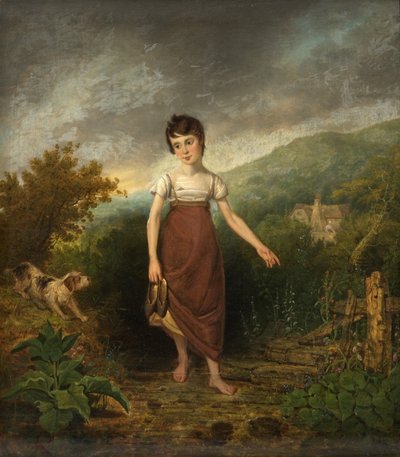 Ein Mädchen überquert einen Bach von Samuel Colman