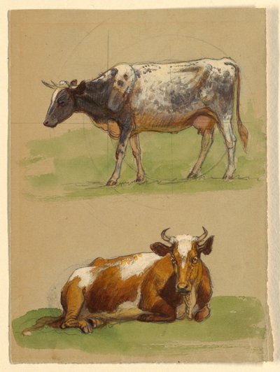 Vieh, eine gehende Kuh und eine kauernde Kuh von Samuel Colman
