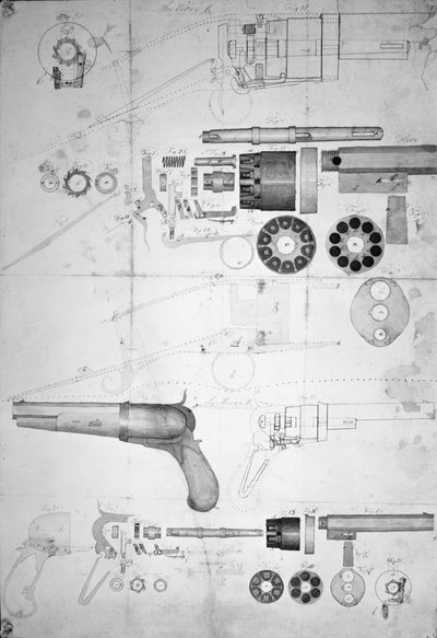 Originalpläne für einen zehnkammerigen Revolver, der später 1836 zum sechskammerigen patentiert wurde, ca. 1830 von Samuel Colt
