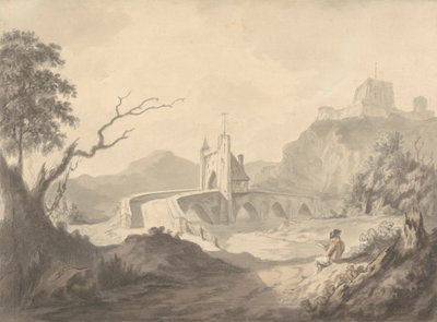 Flusslandschaft und Brücke mit Künstler im Vordergrund von Samuel Davis