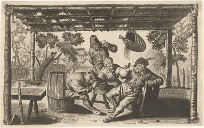 Drei trinkende und rauchende Bauern in einer Scheune von Samuel Donnet