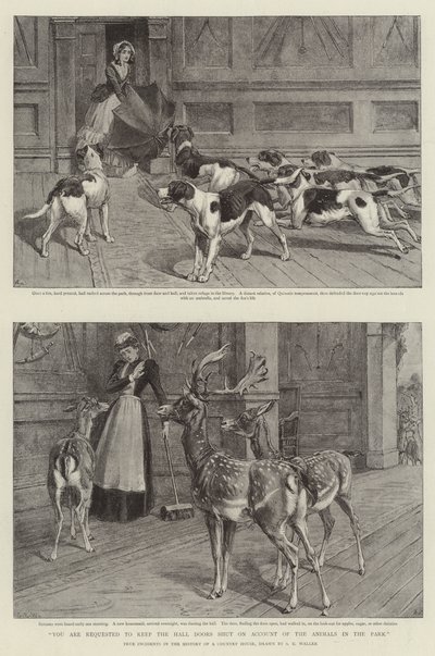 Sie werden gebeten, die Hallentüren wegen der Tiere im Park geschlossen zu halten (Lithografie) von Samuel Edmund (after) Waller
