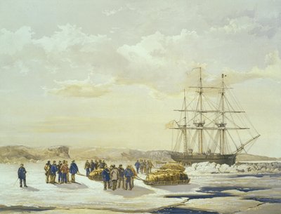 Schlittenparty verlässt H.M.S. Investigator in Mercy Bay, 15. April 1853, graviert von E. Walker, veröffentlicht von Ackermann und Co., 1854 von Samuel Gurney Cresswell