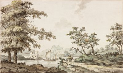 Ein Fluss mit Segelbooten und einem Pferd und Wagen von Samuel Henry Alken