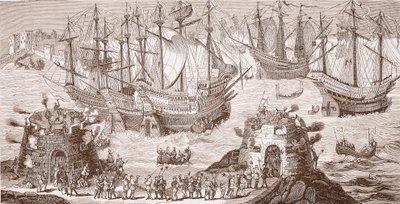 Heinrich VIII. geht in Dover an Bord, aus dem großen Druck veröffentlicht von der Royal Society of Antiquities von Samuel Hieronymous Grimm