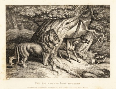 Ein Esel schreit laut bei der Jagd mit einem Löwen. 1811 (Radierung) von Samuel Howitt