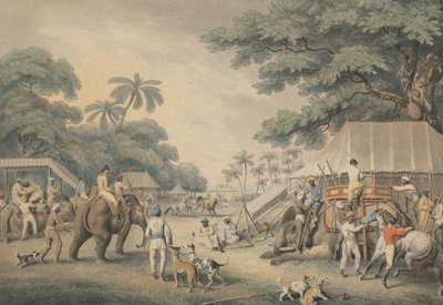 Aufbruch am Morgen: eine Illustration zu Captain Thomas Williamsons „Oriental Field Sports“ von Samuel Howitt