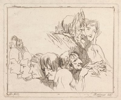 Drei Radierungen auf einem Blatt: Studien von Köpfen von Samuel Ireland