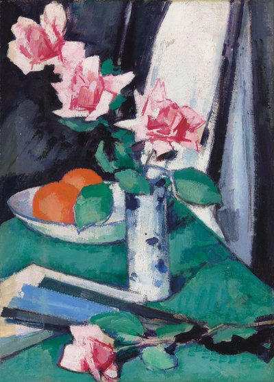 Stillleben mit rosa Rosen und Orangen in einer blau-weißen Vase von Samuel John Peploe