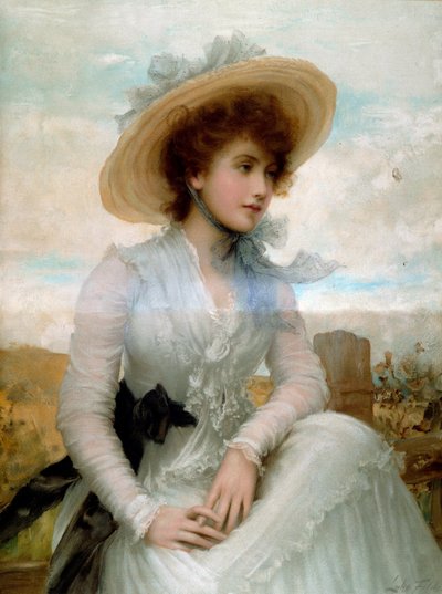 Porträt einer jungen Frau mit Strohhut (Druck) von Samuel Luke Fildes