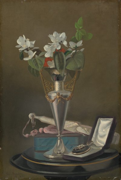 Stillleben mit Fächer und Anhänger von Samuel Marsden Brookes