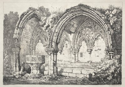 Eine Reihe alter Gebäude und ländlicher Hütten im Norden Englands: Teil der Abtei Kirkham von Samuel Prout