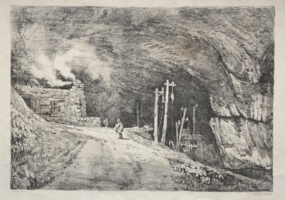 Eine Serie antiker Gebäude und ländlicher Cottages im Norden Englands: Peak Cavern, 1821 von Samuel Prout