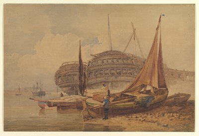 Küstenlandschaft mit gestrandeten Booten im Vordergrund von Samuel Prout