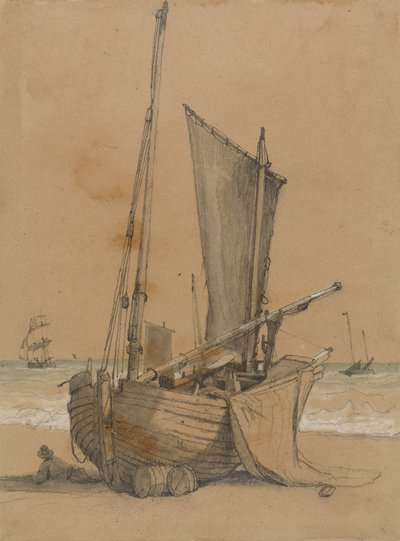 Fischerboot am Strand mit einer Brigg auf See von Samuel Prout