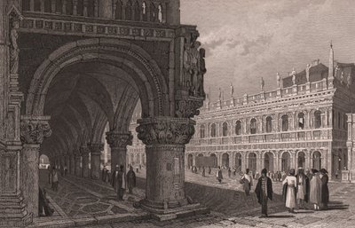 Verkürzung der Arkade des Dogenpalastes mit Blick auf den Markusplatz und den Bibliothekspalast, Venedig, Venetien, Italien, Stahlstich nach einer Zeichnung von Samuel Prout von Samuel Prout