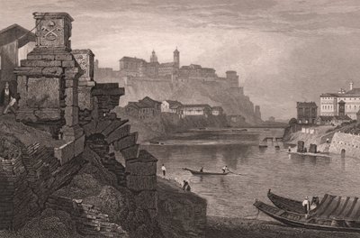 Der Tiber mit dem Aventin im Hintergrund, Rom, Latium, Italien, Stahlstich nach einer Zeichnung von Samuel Prout von Samuel Prout